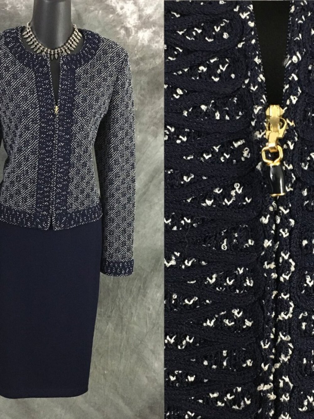 BEAUTIFUL st john collection knit blue multi jacket skirt suit size 6